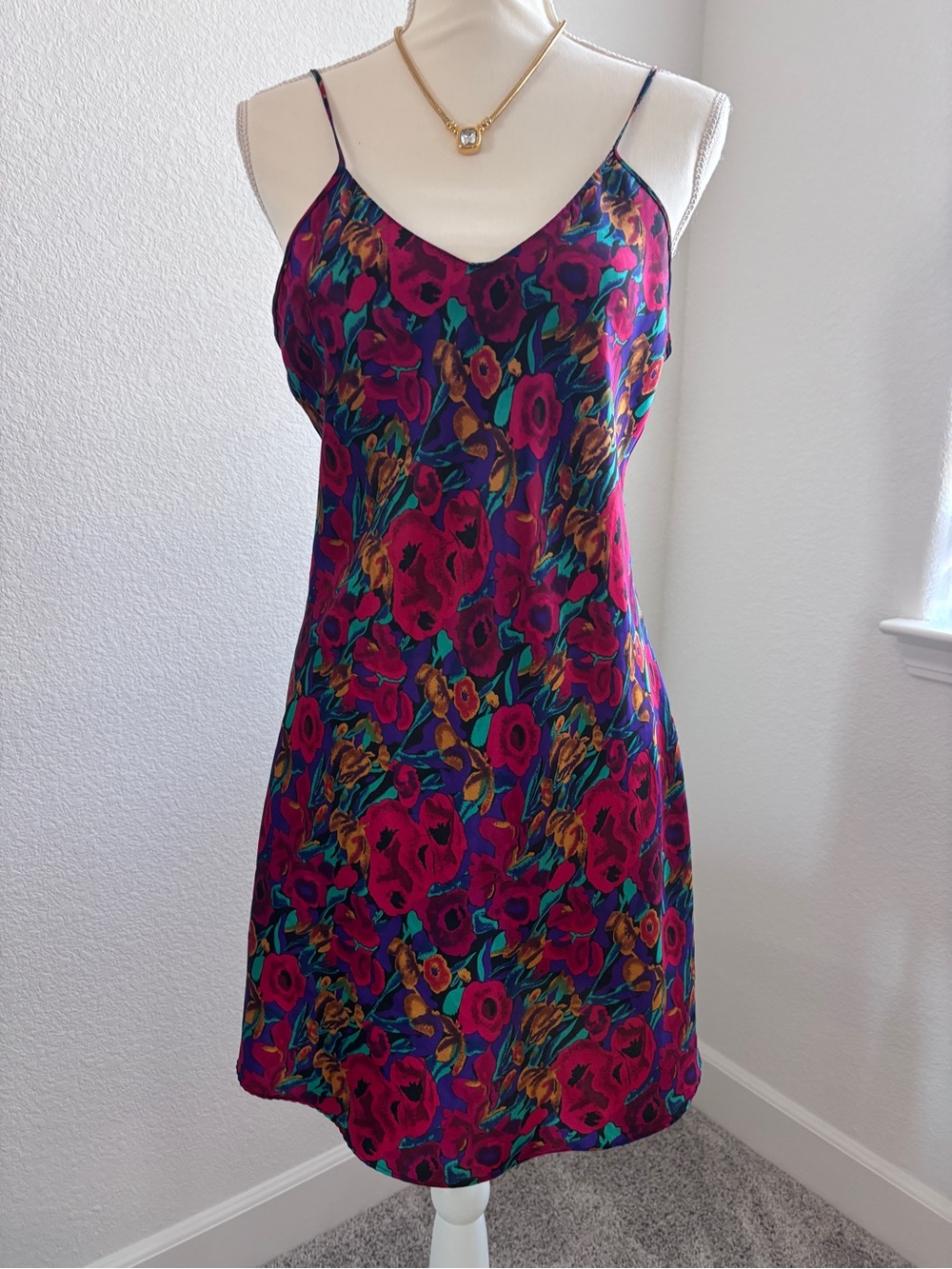 Vintage Floral Slip Dress in Magenta, Teal and Gold